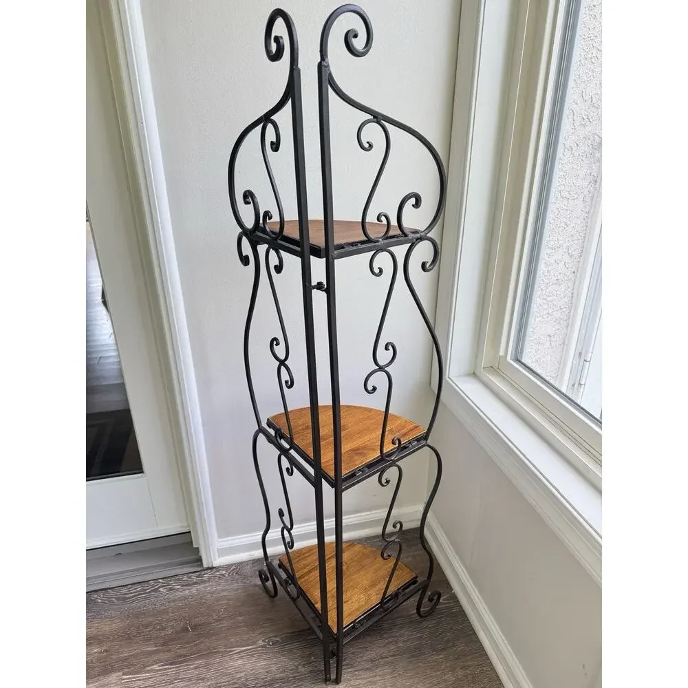 Vintage 3 Tier Folding Corner Shelf Wrought Iron Wood Etagere Plant Stand 48